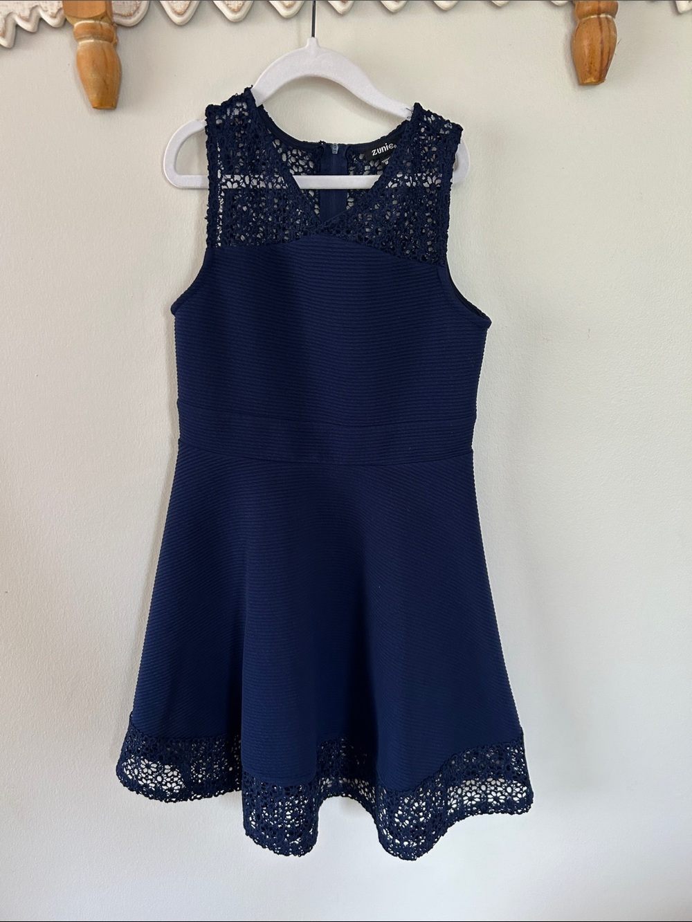 Zunie Navy Sleeveless Lace Yoke Fit-and-Flare Dress
